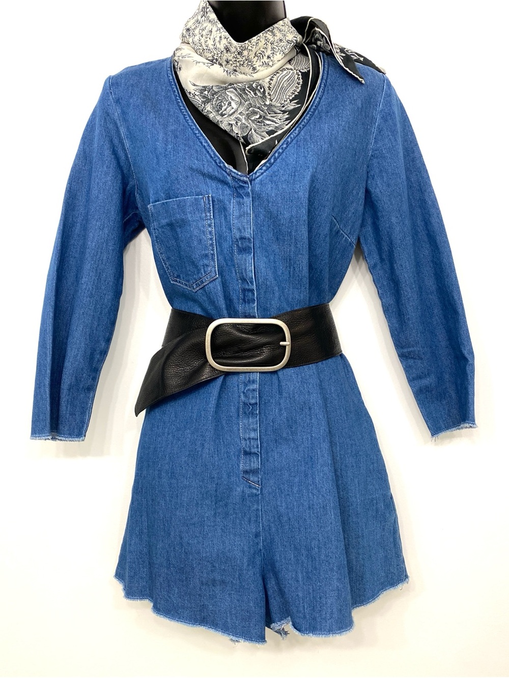 Zara Trafaluc Denim Romper Medium Blue Long Sleeve Raw Hem M